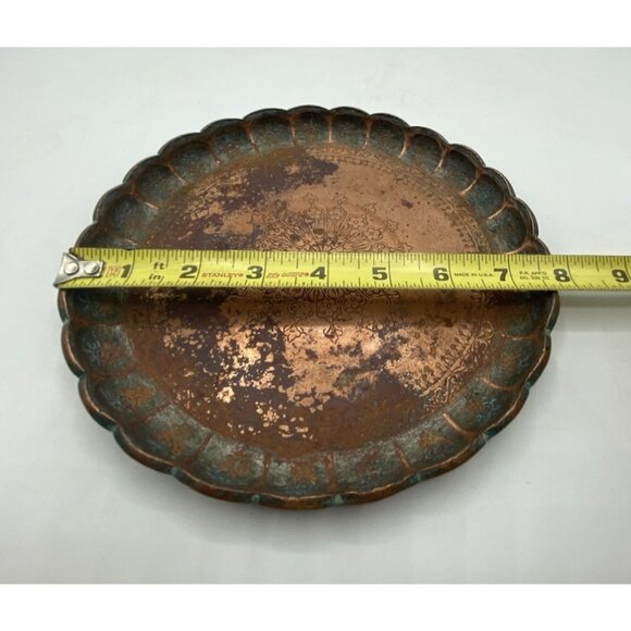 Vintage Copper Serving Tray Snowflake Etched Round Platter 7.75" Patina - Picture 9 of 10